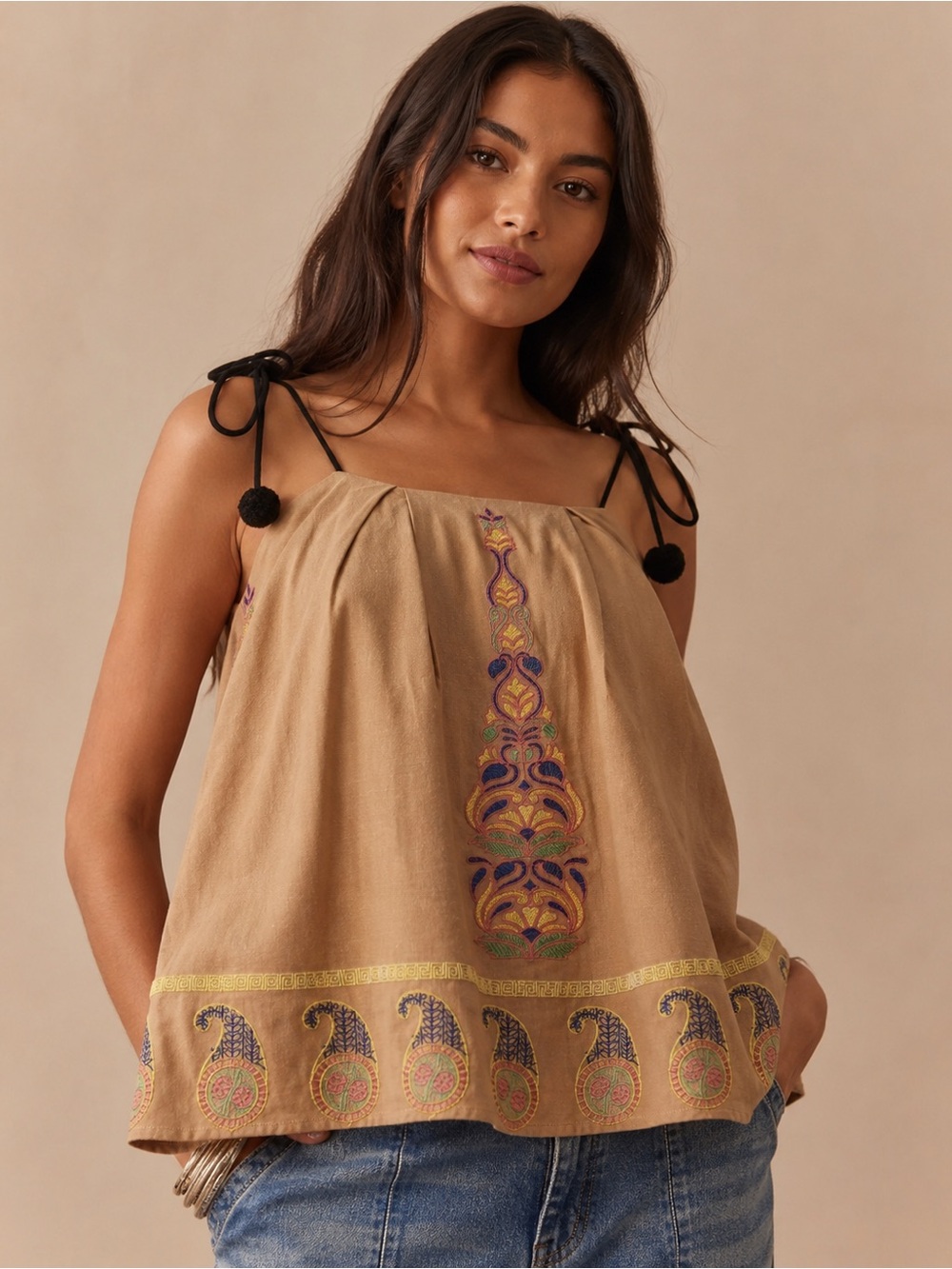 Endless Rose Embroidered Pom Pom Tie Strap Swing Tank Top Boho Festival S